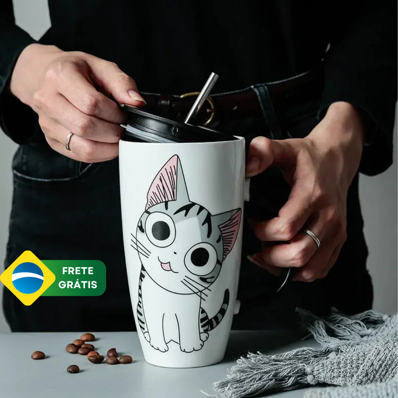 Caneca de café cerâmica com tampa Gato Fofo  600 ml  ByCasa