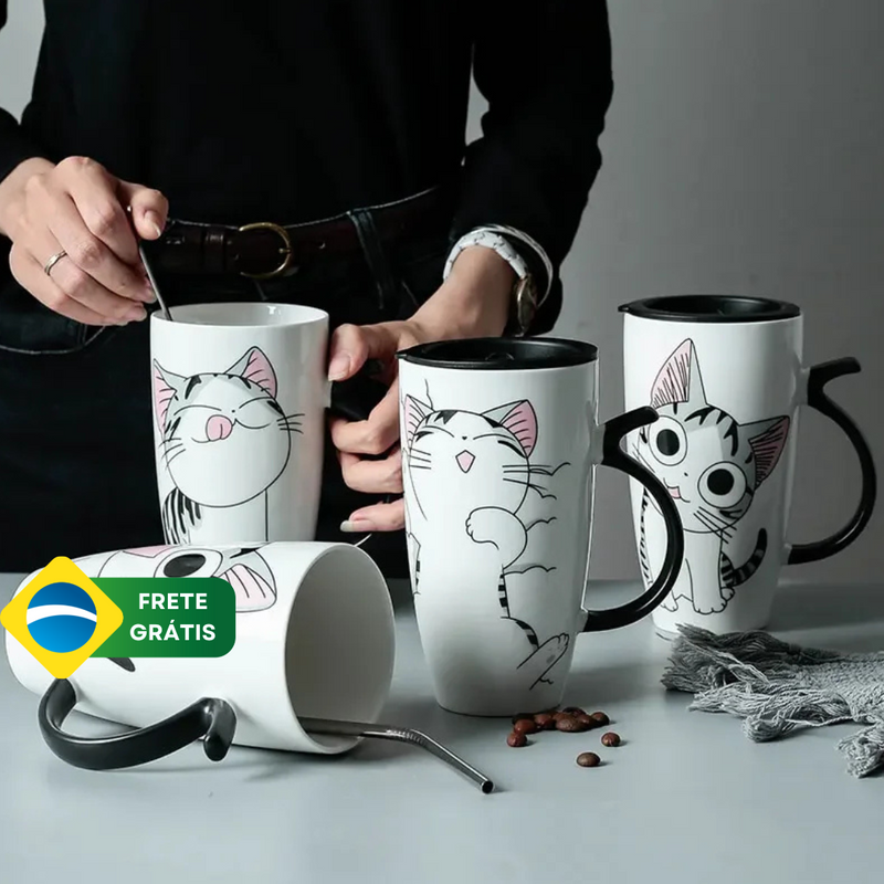 Caneca de café cerâmica com tampa Gato Fofo  600 ml  ByCasa