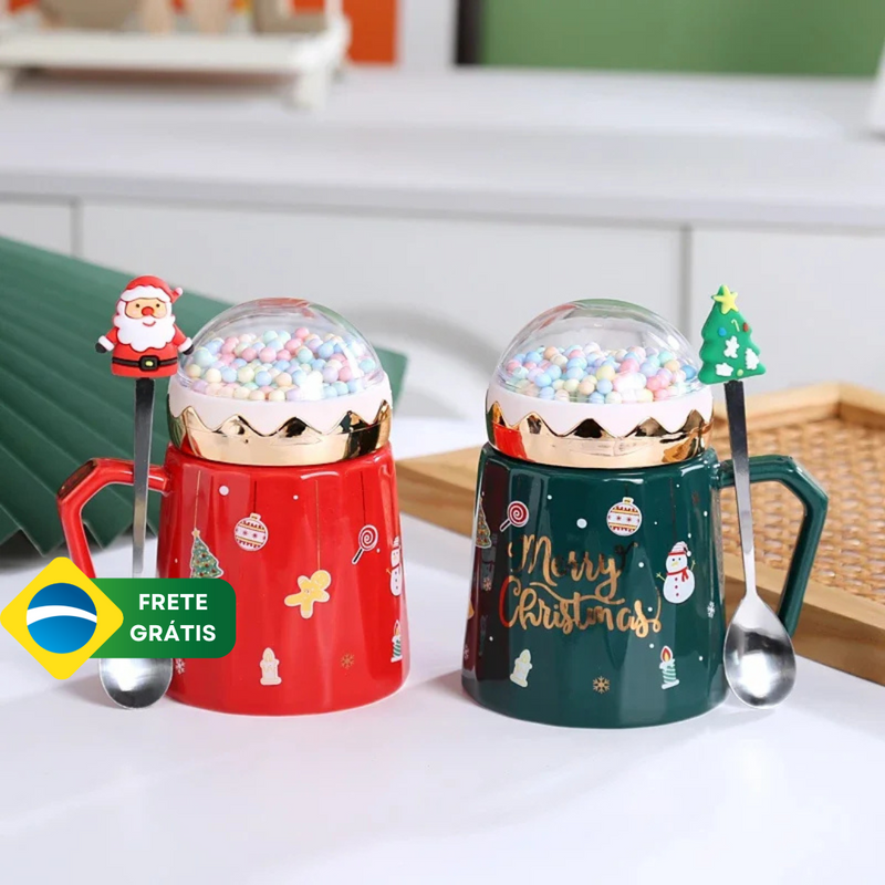 Caneca Natalina com tampa + Colher Coleção Natal ByCasa