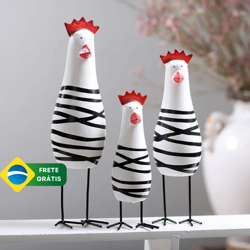 Conjunto 3 Estatuetas Ornamentais Família Frango ByCasa