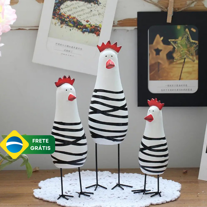 Conjunto 3 Estatuetas Ornamentais Família Frango ByCasa