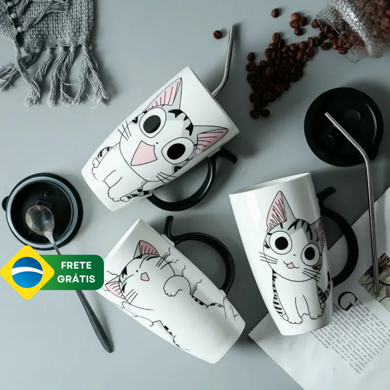 Caneca de café cerâmica com tampa Gato Fofo  600 ml  ByCasa