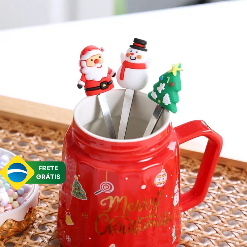 Caneca Natalina com tampa + Colher Coleção Natal ByCasa