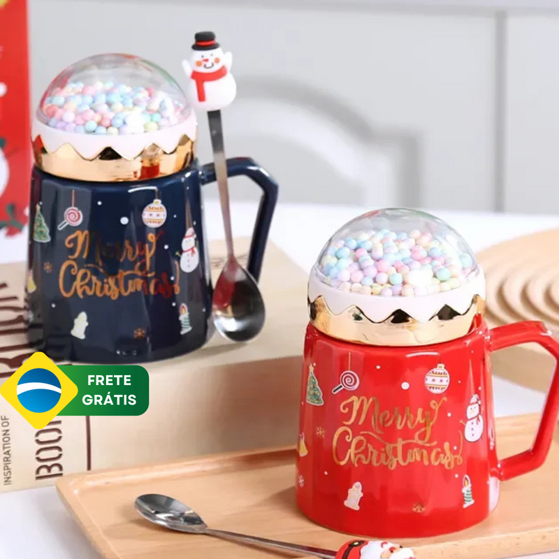 Caneca Natalina com tampa + Colher Coleção Natal