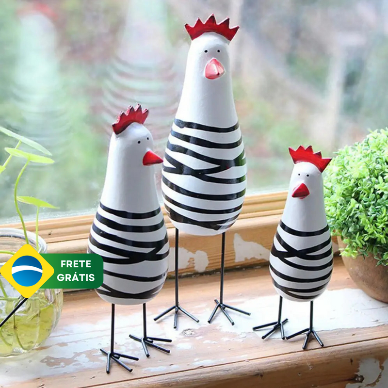 Conjunto 3 Estatuetas Ornamentais Família Frango ByCasa